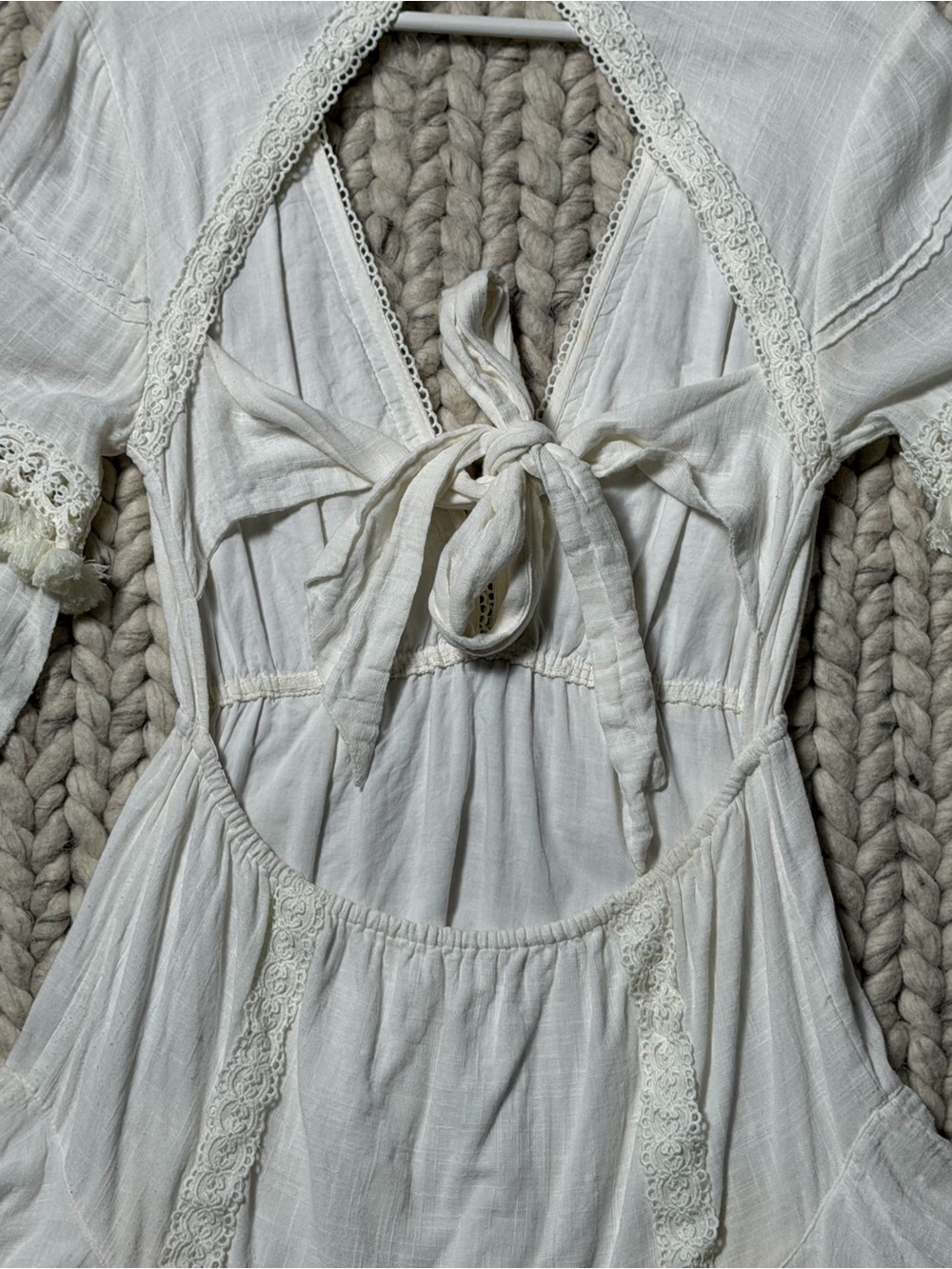 HEMANT & NANDITA-Boho Lace Trim White Mini Dress - Picture 4 of 8